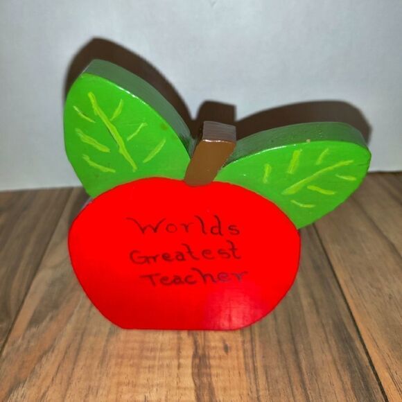 Worlds Greatest Teacher Wooden Apple 80's. Has some wear from age and use. Sold - Picture 1 of 6